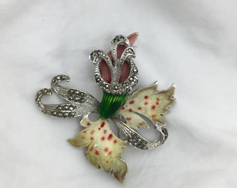 Vintage enamel & marcasite orchid flower brooch. Size 4.6cm x 4.3cm. Green and white and orange pink spot detail. BJL style but unsigned