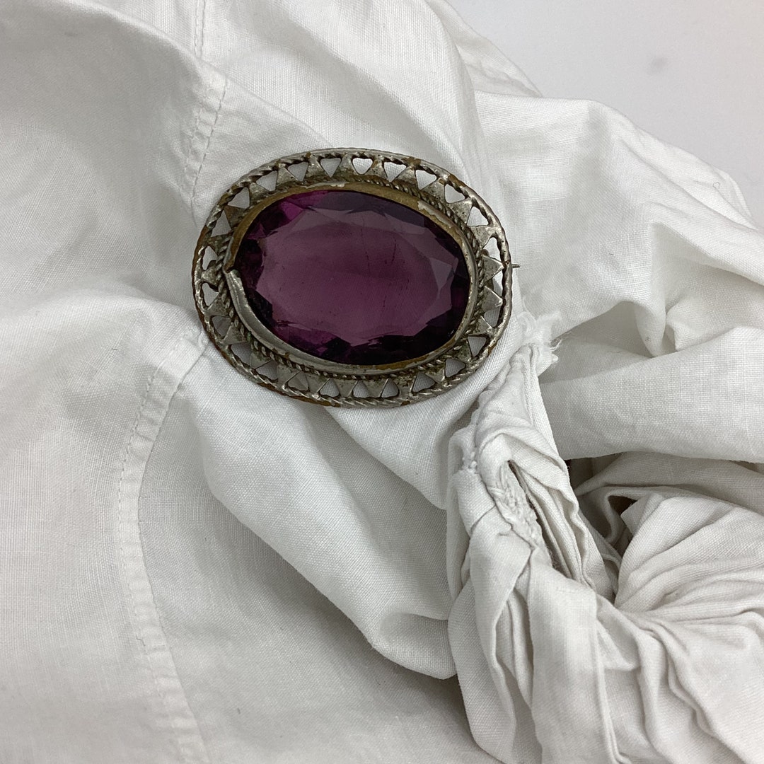 Broche Vintage En Or Avec Perles Et Pâte De Verre Améthyste - Occasion - Bijou Ancien Français