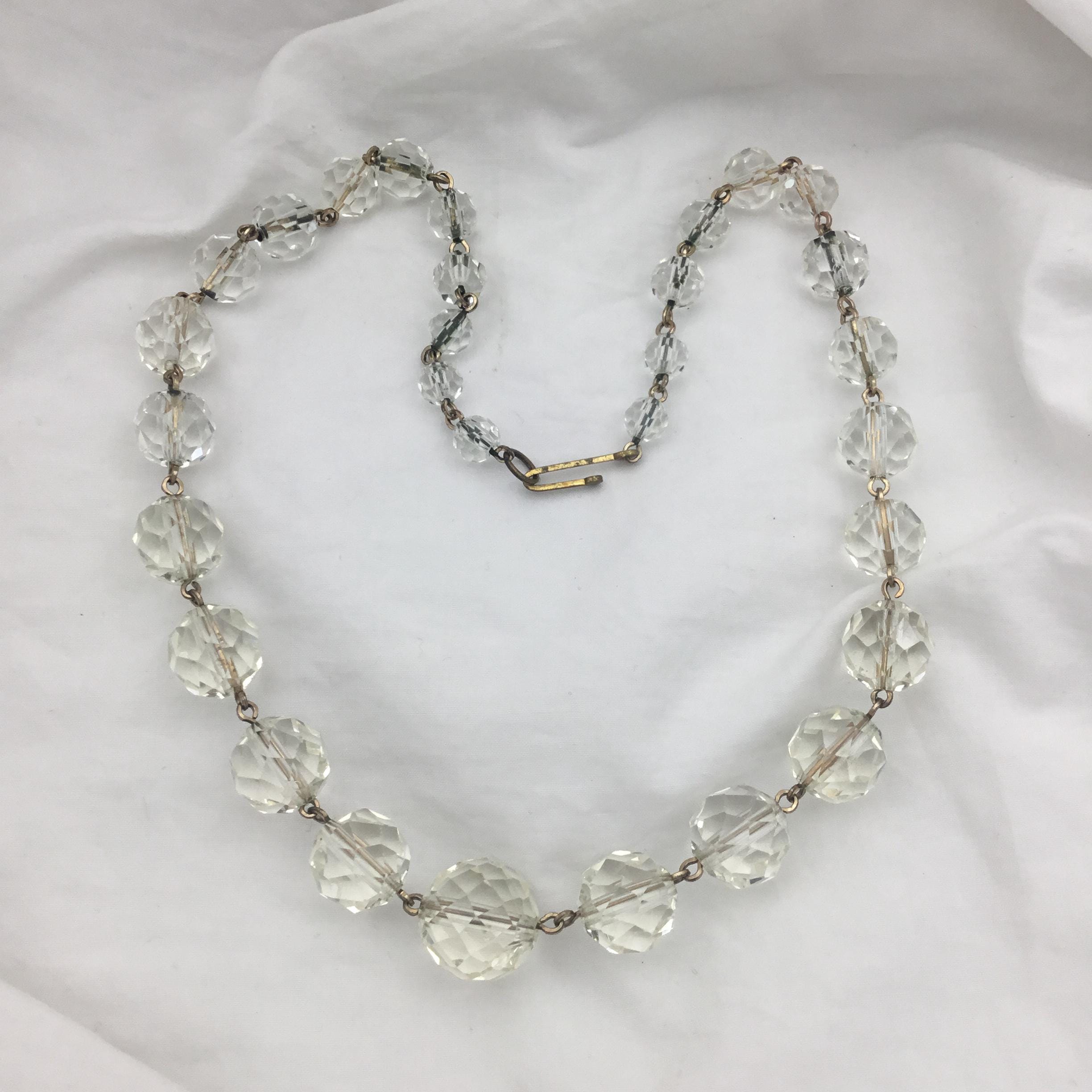 Vintage Art Deco Clear Crystal Faceted Glass Beads Necklace 
