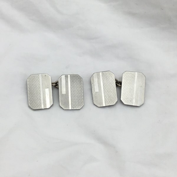 Vintage Art Deco 1920s to 1930s rectangular shape silver tone small cufflinks. Size 16mmx 11mm wide. Engraved design. Signed Lambournes Bham