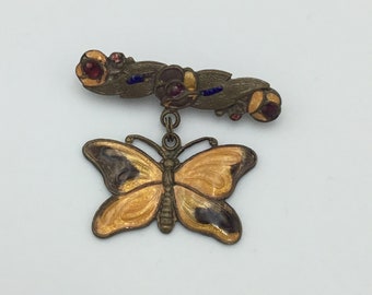 Vintage Art Deco butterfly, brown & orange enamel with red and blue enamel and brass pendant drop butterfly brooch. Enamel on butterfly good