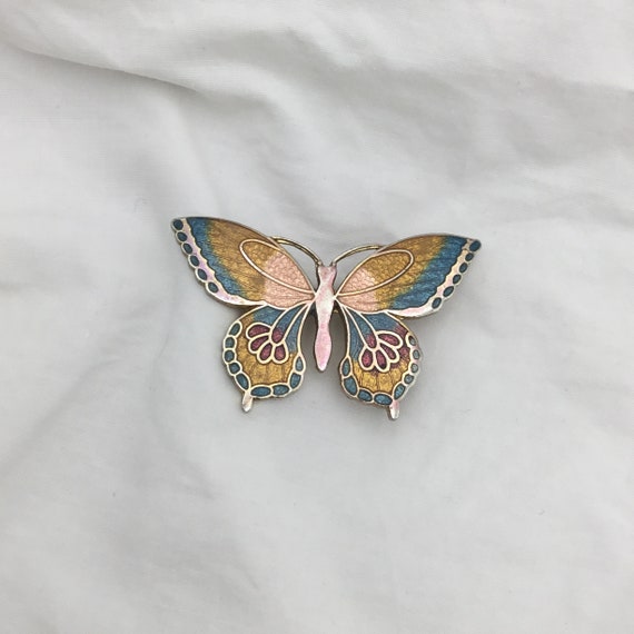 Vintage butterfly cloisonné enamel turquoise blue… - image 10
