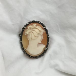 May include: Oval cameo brooch featuring a profile of a woman with flowing hair, set against an orange background. The cameo is framed by a decorative silver-toned border with small, dark accents. A classic piece of jewelry.