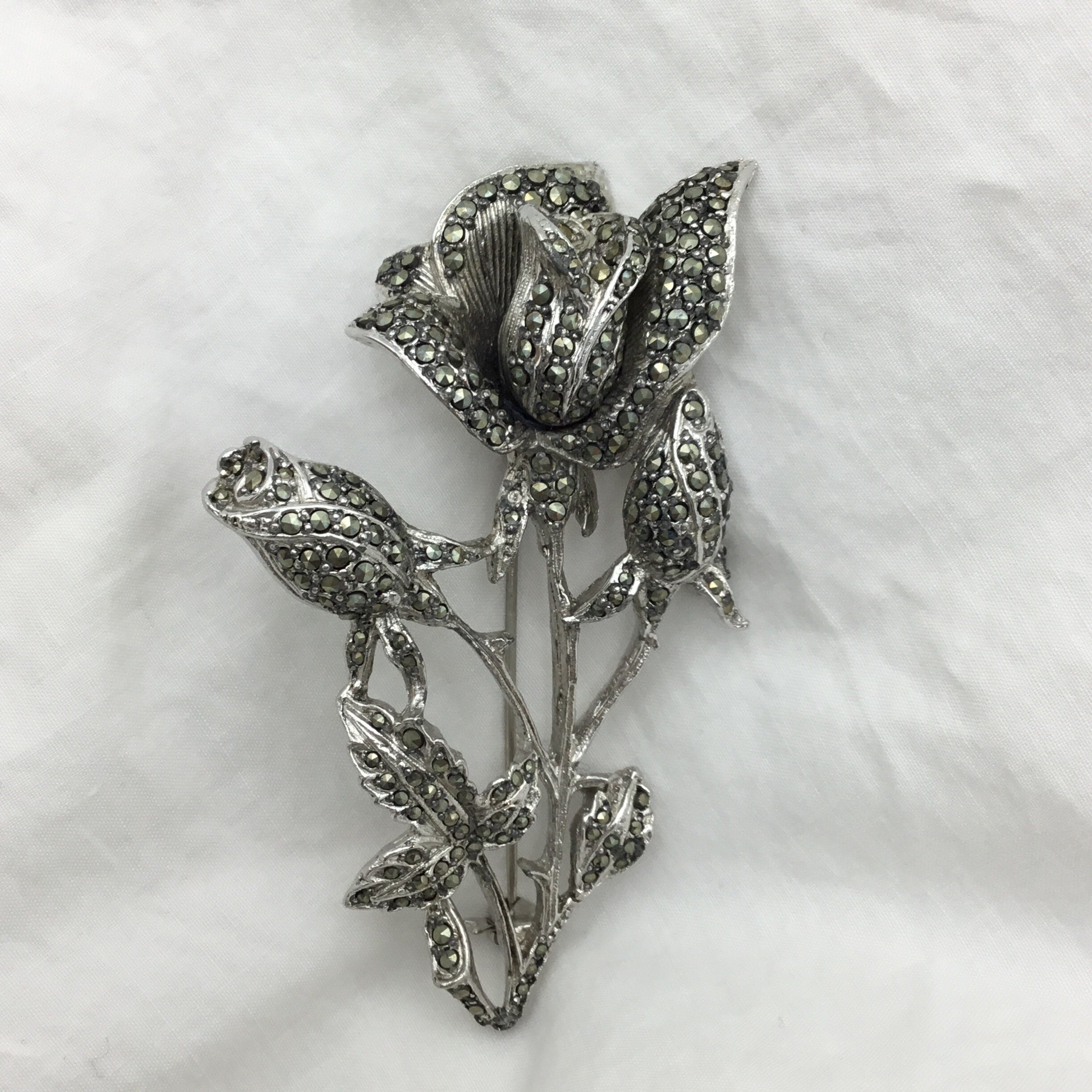 Vintage 1980s Large Marcasite Detailed Flower and Leaves