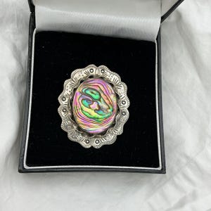 Peut inclure: Broche en forme de coquillage d'ormeau, sertie dans un cadre en métal argenté. La coquille irisée affiche des couleurs vertes, roses et dorées. La broche est de forme ovale et sertie dans un cadre décoratif festonné. Le bijou est présenté dans un coffret noir.