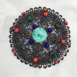 Antique C1910s Art and crafts pot lid or costume accessory? Could maybe be up cycled to pendant or brooch. 7.5cm 3 inch wide. Green & multi
