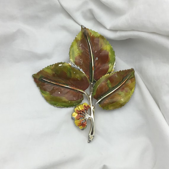 Vintage large signed Exquisite brooch 1950s to 1960s enamel elm tree leaf brooch 7.2cm x 6.3cm. Green yellow and brown on silver tone metal View 2