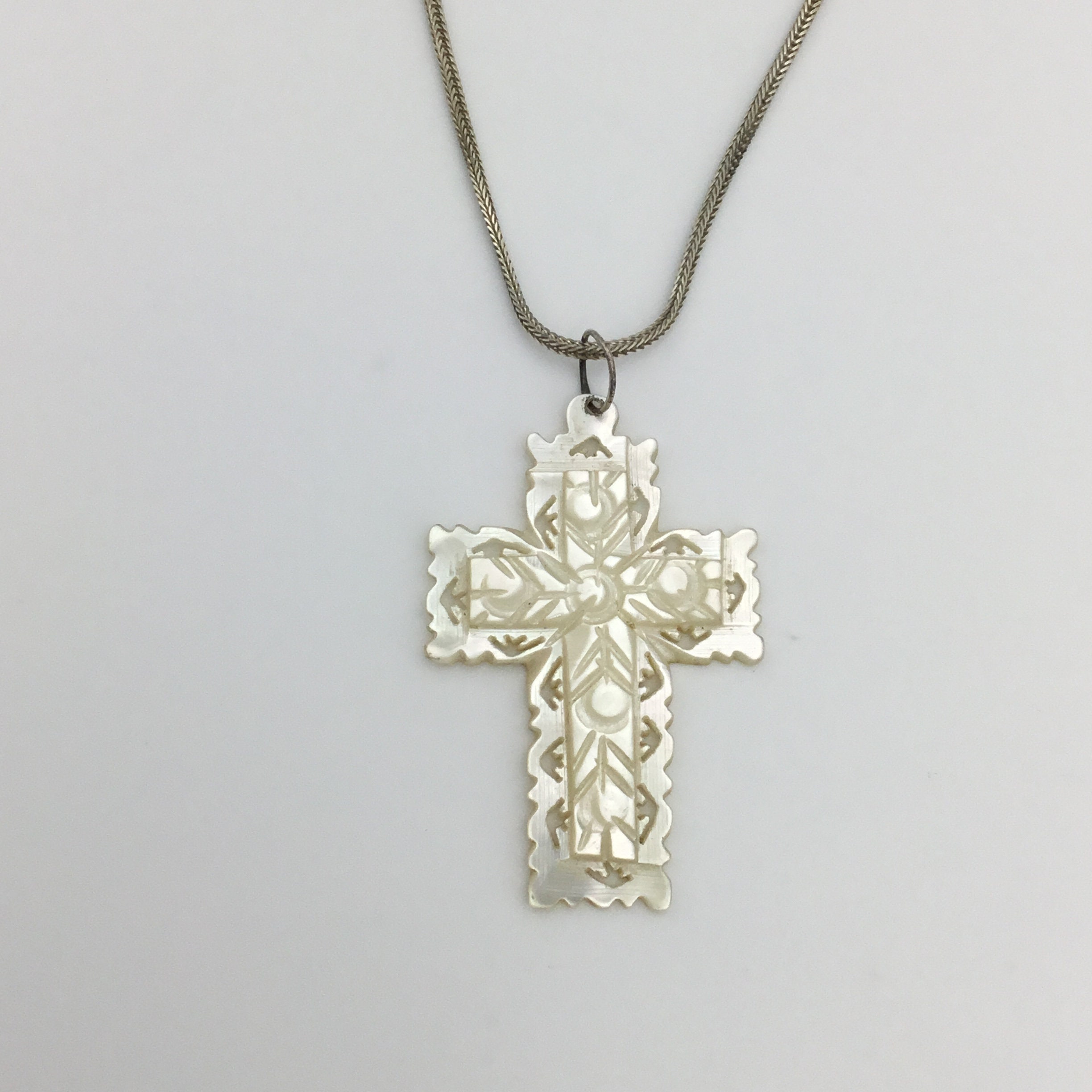 Vintage Small Carved Mother of Pearl Cross on 18 Inch Sterling