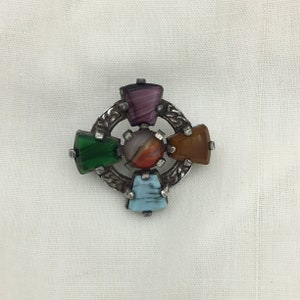 1950s to 1960s Scottish Celtic Miracle signed silver tone small brooch faux agates glass stones. Size 3.6cm. Turquoise blue, green, purple