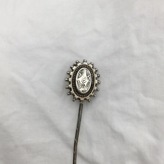 Antique Victorian silver stick pin oval ornate lea