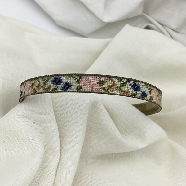 Vintage Art Deco 1930s to 1940s petit point tapestry detailed pink and blue flowers and green leaves brass bangle. 7mm wide 8 inch 20cm long