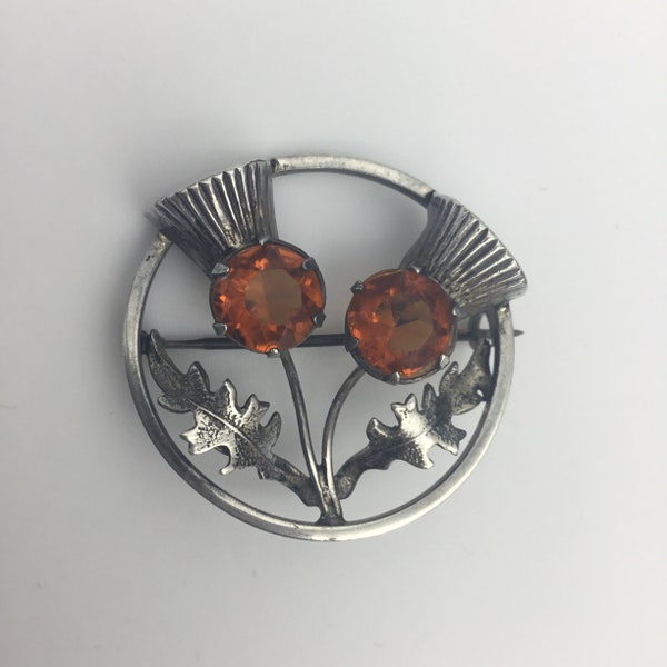 Vintage Sterling silver 1940s to 1950s Scottish Celtic thistle round circle brooch by Ward Brothers citrine glass orange stones. Size 3.6cm