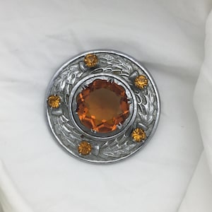 Broche Ronde Vintage 1980 Plaquée Or Avec Strass Citrine - Diamètre 2,4 Cm, Occasion