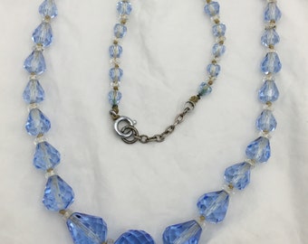 Vintage Art Deco 1930s to 1940s fancy blue glass & clear crystal bead necklace silver tone chain 51cm or 20 inch long. Bead size 5mm to 15mm