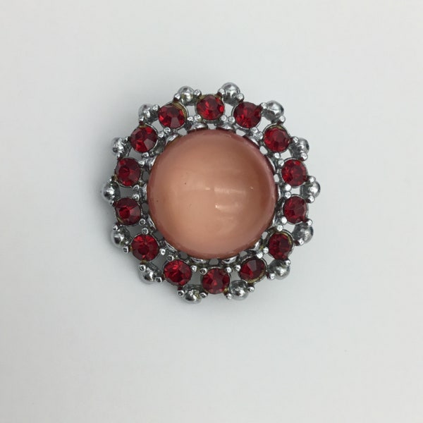 Vintage 1960s pink glass with slight satin band and red rhinestone silver tone round cluster brooch 3.1cm