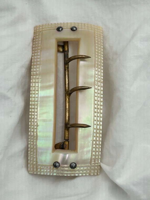 Antique Victorian 1800s carved white Mother of Pearl large rectangular belt brass buckle. Size 7.3cm x 3.3cm wide. Cut steel detail. Nice