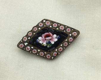 Antique early Art Deco 1910s to 1920s micro mosaic flower brass brooch pink, black and white. Small size 3.5cm x 2.5cm widest Diamond shape