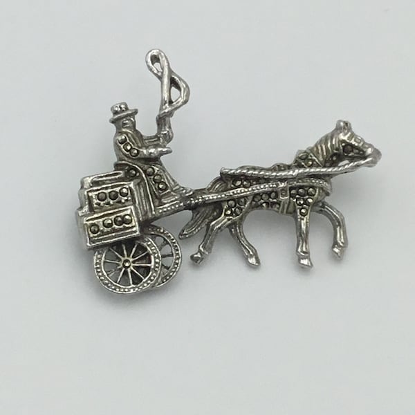 Vintage mid century silver tone and marcasite carriage brooch size 4.6cm x 3.5cm