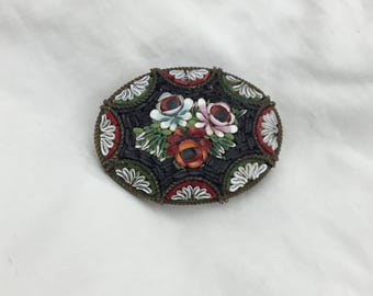 Broche Ancienne Micro-mosaïque 3 Roses - Tesselles Verre Italie 1900-1920, Laiton Doré