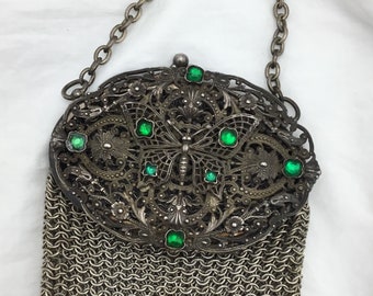 Antique Victorian butterfly design green glass emerald paste silver tone chain coin bag or purse 10cm x 6.8cm + chatelaine rings & pencil