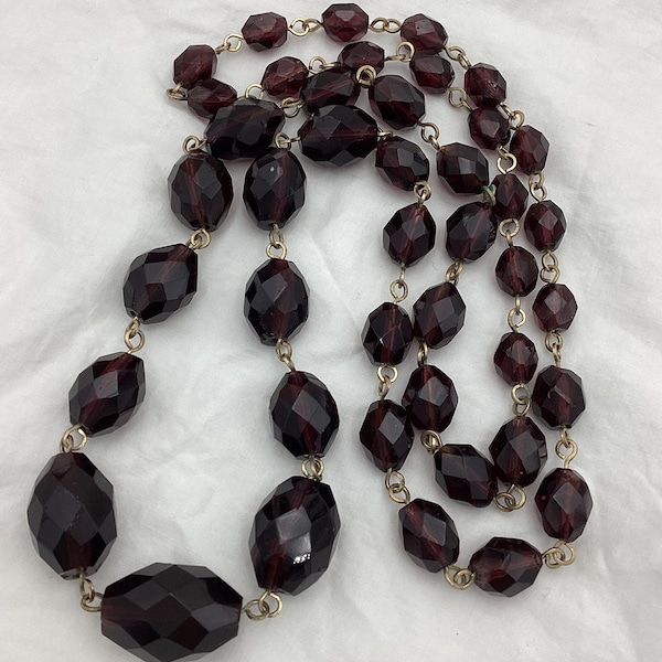 Antique Art Deco Long 1910s 1920s Red Garnet Glass bead & rolled gold chain necklace. Length 30.5 inch or 77cm. Bead size 1 to 2.1cm x 15mm