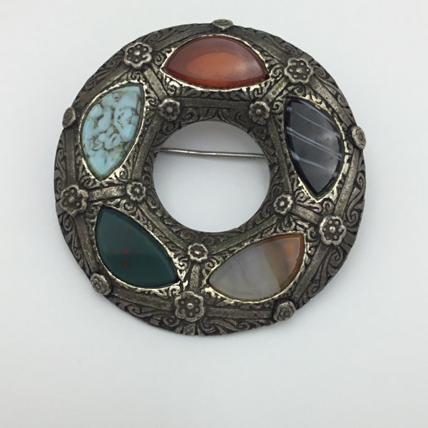 Vintage large Celtic Miracle signed round circle brooch or cloak pin faux agates and turquoise art glass stones. C1960s. Size 4.8cm.