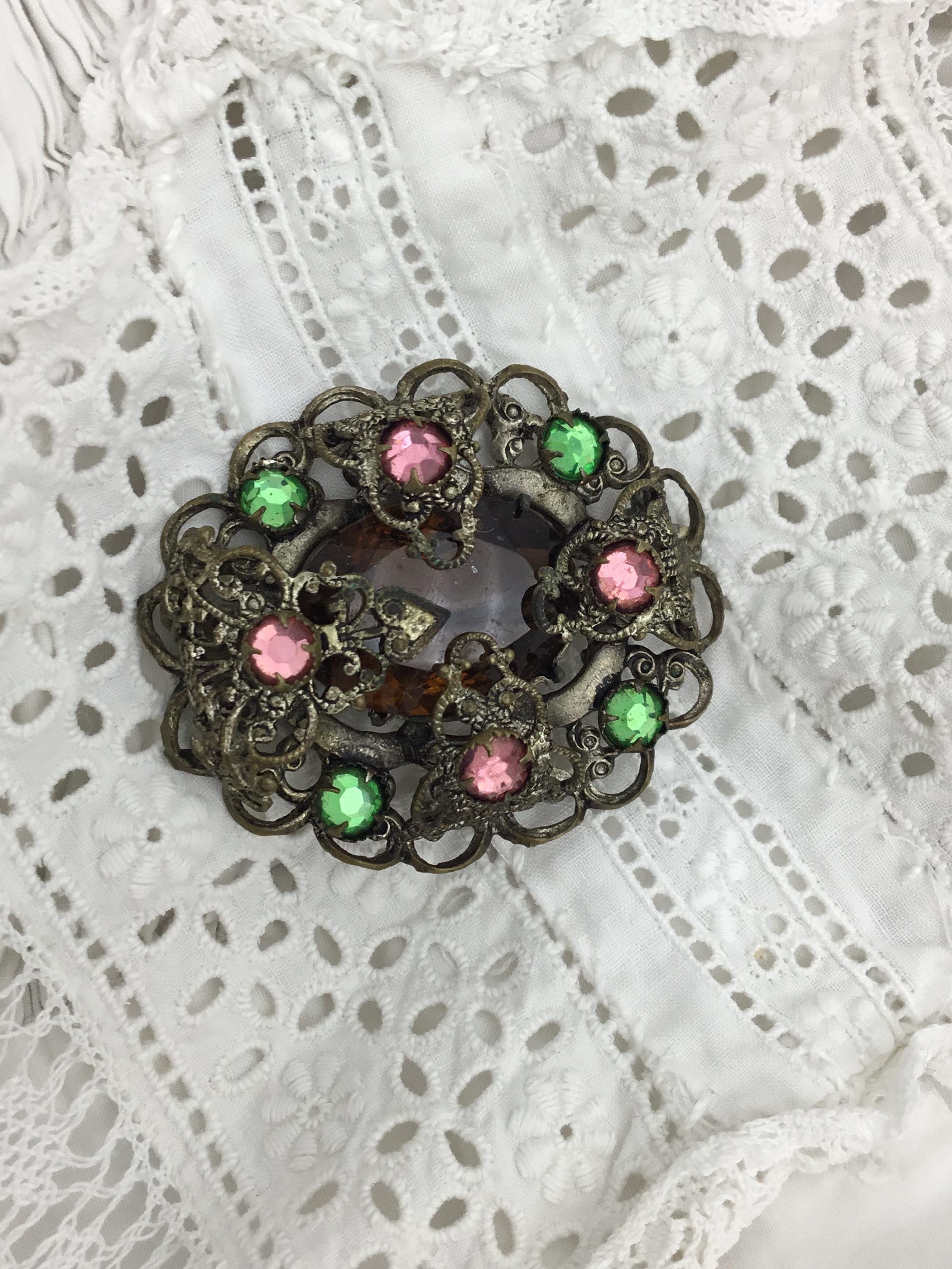 Broche Fleur En Argent Massif Et Strass - Style 19e Siècle / Suffragette - Bijou Ancien Occasion