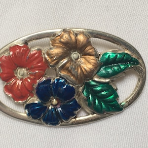Vintage Sterling Silver signed Coro Sterling craft red, yellow, green &  blue enamel flower large brooch Size 9cm x 3.6cm Heavy 13.2g. 1940s