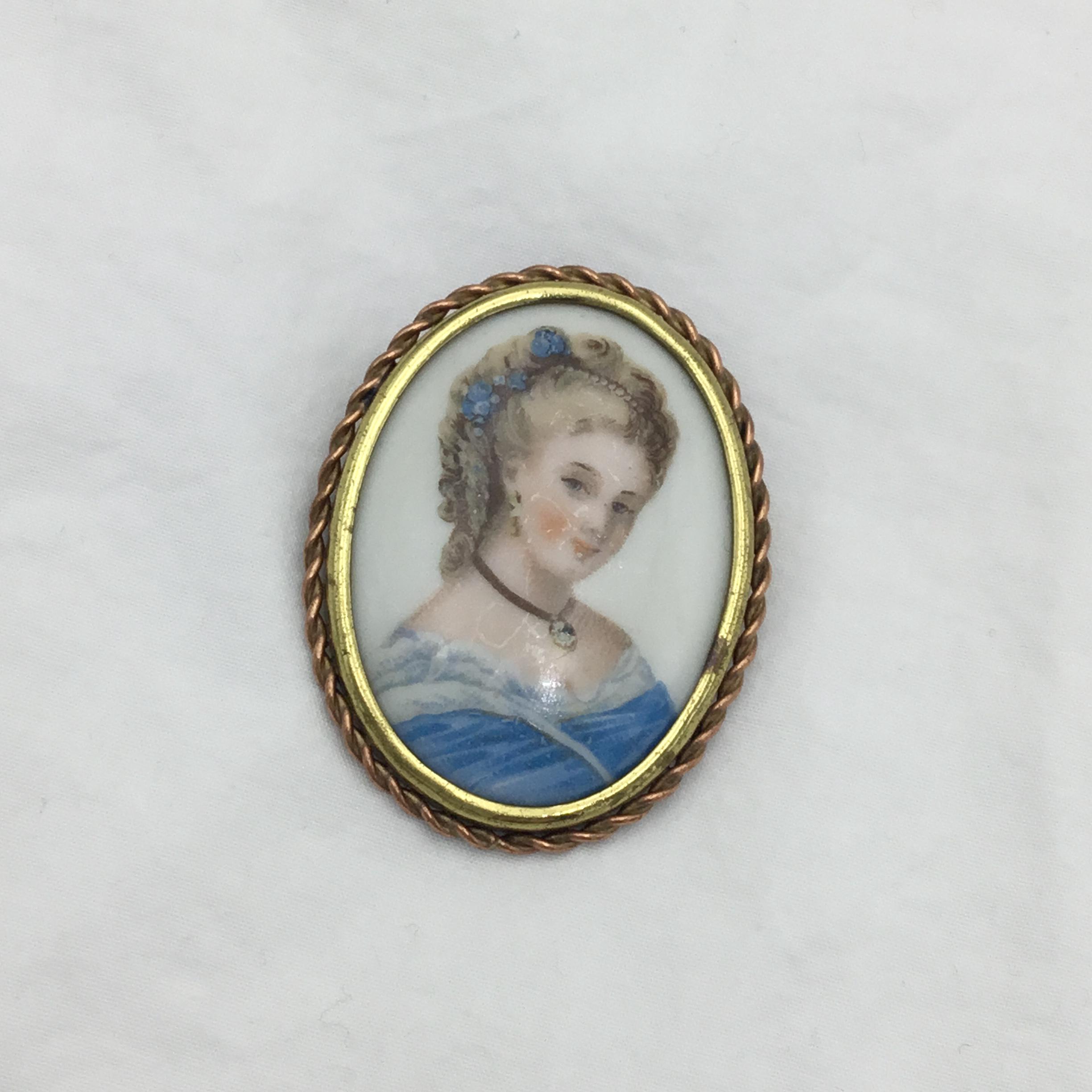 Vintage Limoges France Porcelain Blonde Lady Picture Blue Dress