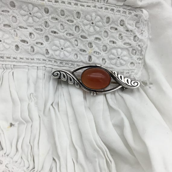 Broche Ancienne Vintage France - Médaillon Pierre Agate Orange - Pièce Rare Et Ancienne