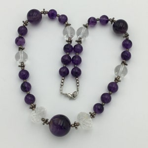 Amethyst gemstone and rock crystal (clear quartz) bead necklace. Arts and crafts style but fairly modern hence low price. Length 18 inch