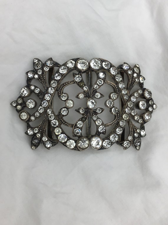 Antique Jugendstil signed Martin Mayer, 935 silver clear white paste large size belt buckle. Size 6.8cm x 4cm. C1890 vintage. Heavy 37.6g.
