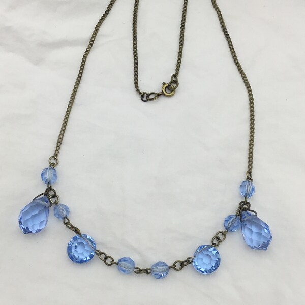 Antique signed Czech Art deco 1920s sapphire blue glass crystal drops brass chain necklace. Beautiful. Length 17 inch or 42.7cm. Some wear