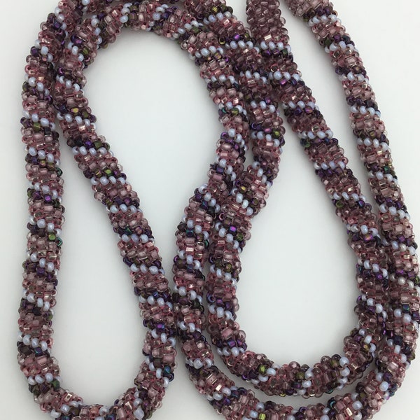 Vintage purple, lilac and opaline white glass tiny bead woven or crochet 1960s but possibly earlier. Art Deco style very long necklace.