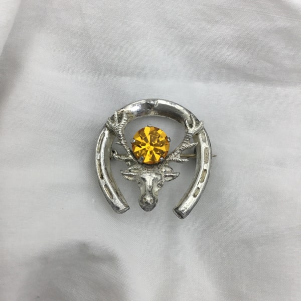 Vintage Sterling silver 1940s to 1950s Scottish Celtic stag lucky horseshoe small brooch or lace pin citrine glass orange yellow stone.