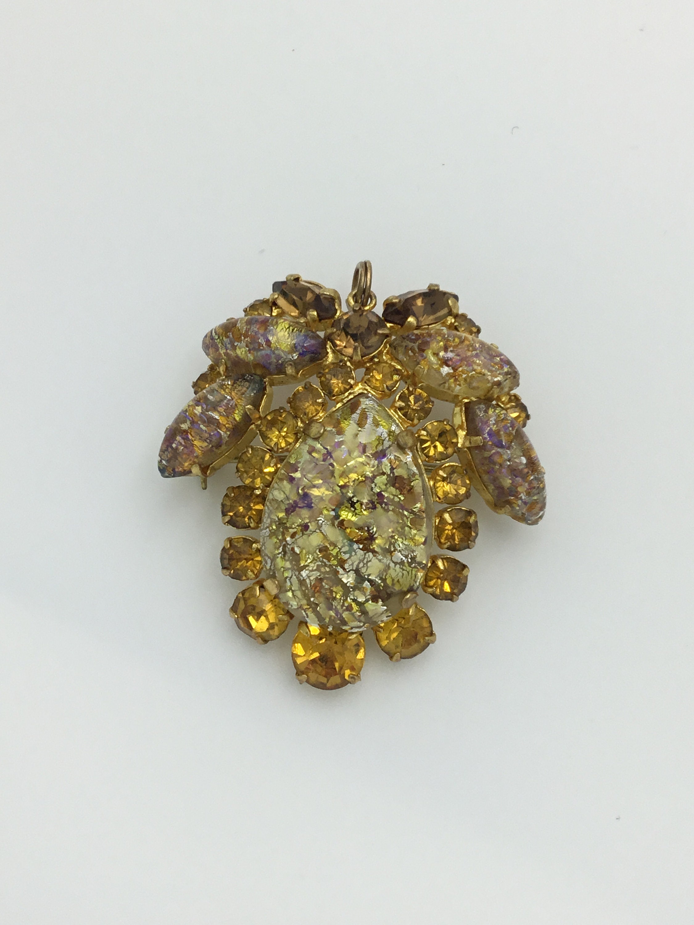 Vintage Amber Glass, Orange, Yellow, Brown Rhinestone Art