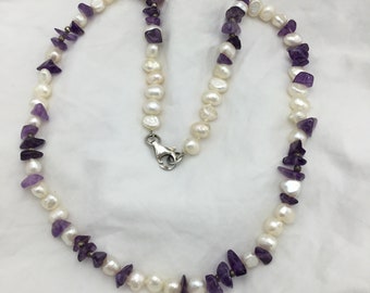 Amethyst gemstone and white freshwater pearl bead necklace. Sterling silver clasp & beads. Nice but fairly modern hence low price. 18.7 inch