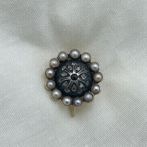 Antique 1800s gold ruby old cut diamonds set in silver natural pearl surround cluster single earring could be made into ring or pendant 2cm