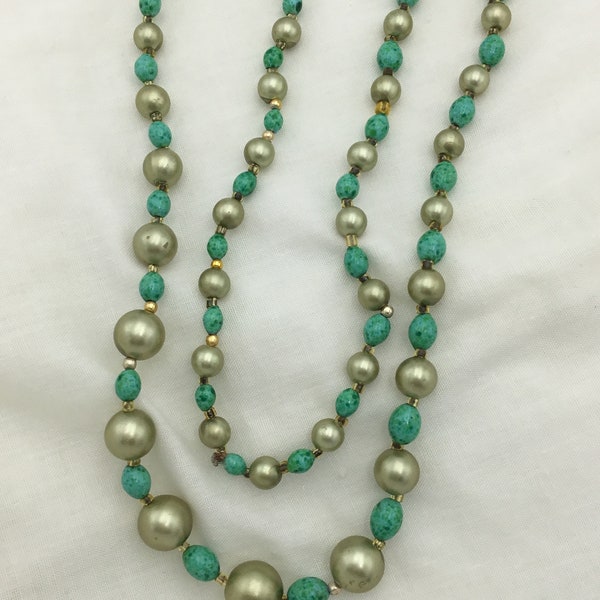 Vintage 1940s possibly early Art Deco 1920s peking green art glass faux jade bead and costume pearl long necklace. 29 inch or 74cm long