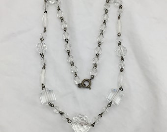 Collier Sautoir Vintage Art Déco Années 1930-40 - Perles Verre, Métal Doré, émail - Travail Français