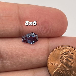 May include: A dark purple gemstone with a faceted octagonal shape, measuring 8x6 mm, is held in a hand for size comparison next to a UK penny.
