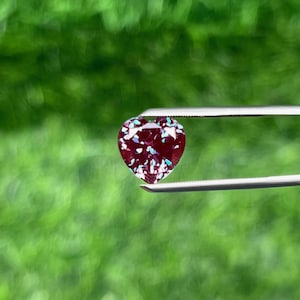 May include: A heart-shaped gemstone held by tweezers. The gem is a deep burgundy color with iridescent flecks of blue and white. The background is a blurred green.