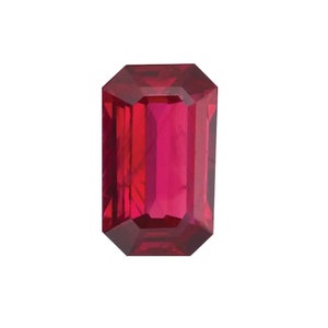 May include: A deep red emerald cut gemstone.