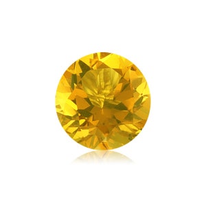 May include: A round, faceted, yellow gemstone with a bright, golden hue.