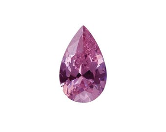 May include: A pear-shaped, faceted gemstone in a vibrant shade of pink. The gem has a high degree of clarity, with multiple facets catching and reflecting light. The overall shape is symmetrical, with a pointed tip and a rounded base.