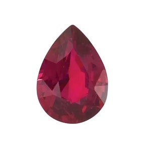 May include: A faceted, pear-shaped ruby gemstone. The gem is a deep, saturated red color with multiple facets that reflect light. The gemstone is set against a white background.