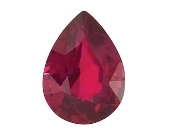 May include: A faceted, pear-shaped ruby gemstone. The gem is a deep, saturated red color with multiple facets that reflect light. The gemstone is set against a white background.