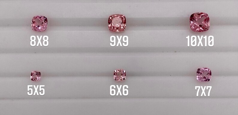 May include: Assortment of pink cushion-cut gemstones in various sizes, ranging from 5x5mm to 10x10mm.