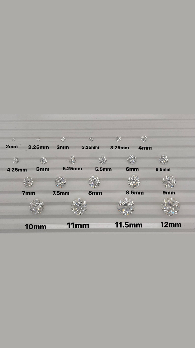 May include: A size chart for round gemstones, showing the diameter of each stone in millimeters. The chart includes sizes from 2mm to 12mm.