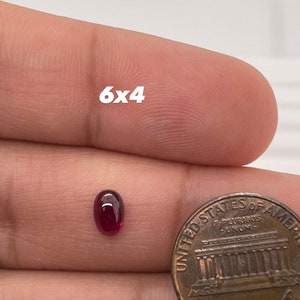 K&ouml;nnte beinhalten: Ein ovaler, dunkelroter Edelstein mit den Ma&szlig;en 6x4 mm, neben einem US-Cent zur Gr&ouml;&szlig;enveranschaulichung.